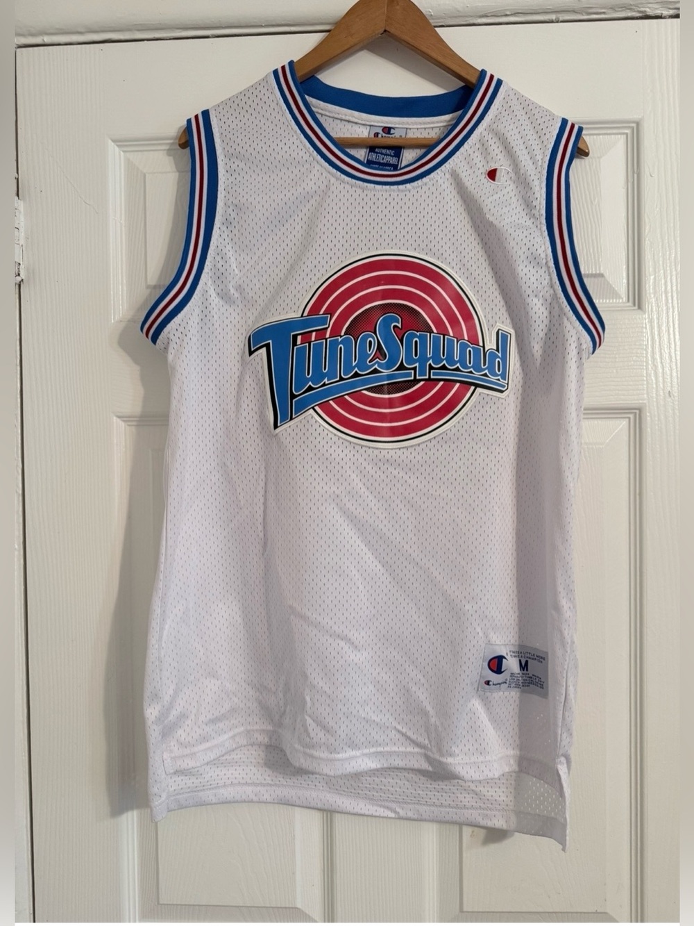 Champion White TuneSquad Basketball Jersey with Blue and Red Accents